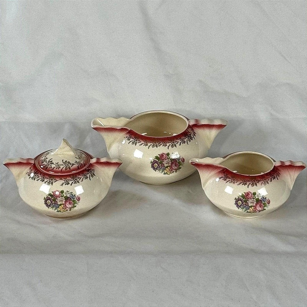 Vintage French Saxon Creamer Sugar Bowl Milk Jug Set 22K Gold Floral Sebring
